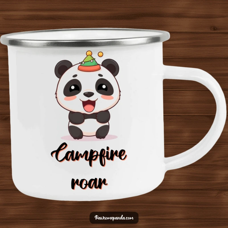 Funny enamel camping mug with a stocky panda roaring playfully and wearing a festive hat, perfect for outdoor drinks.