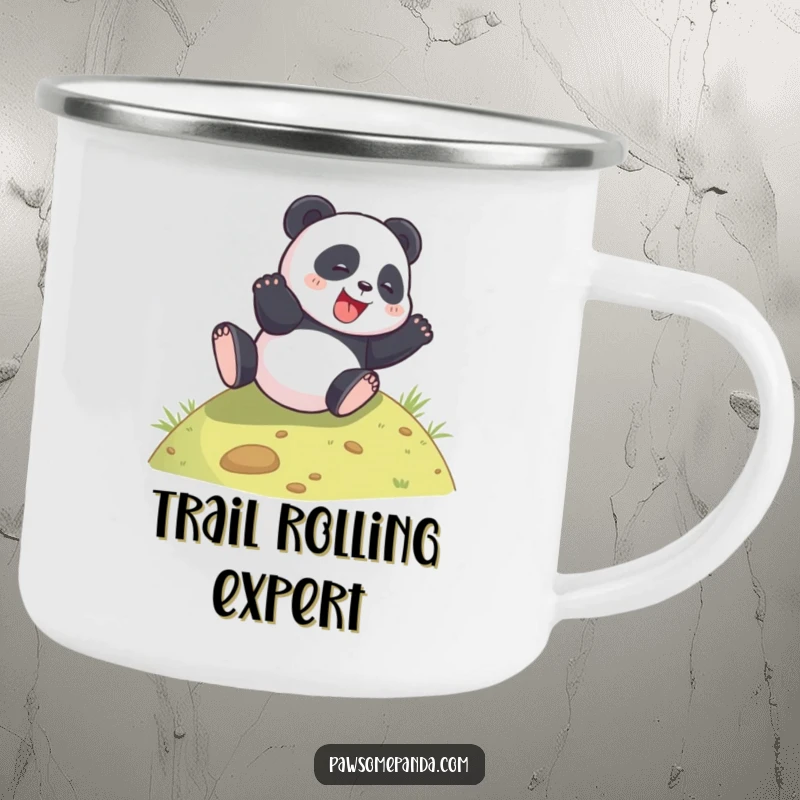 Funny panda rolling down a hill on a durable camping mug, perfect for outdoor enjoyment.