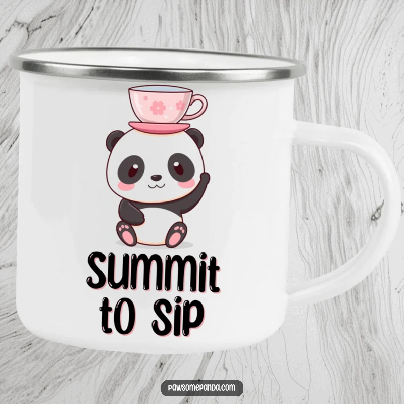Funny camping mug featuring a panda balancing a teacup on its head, designed for outdoor enjoyment and providing a humorous touch.