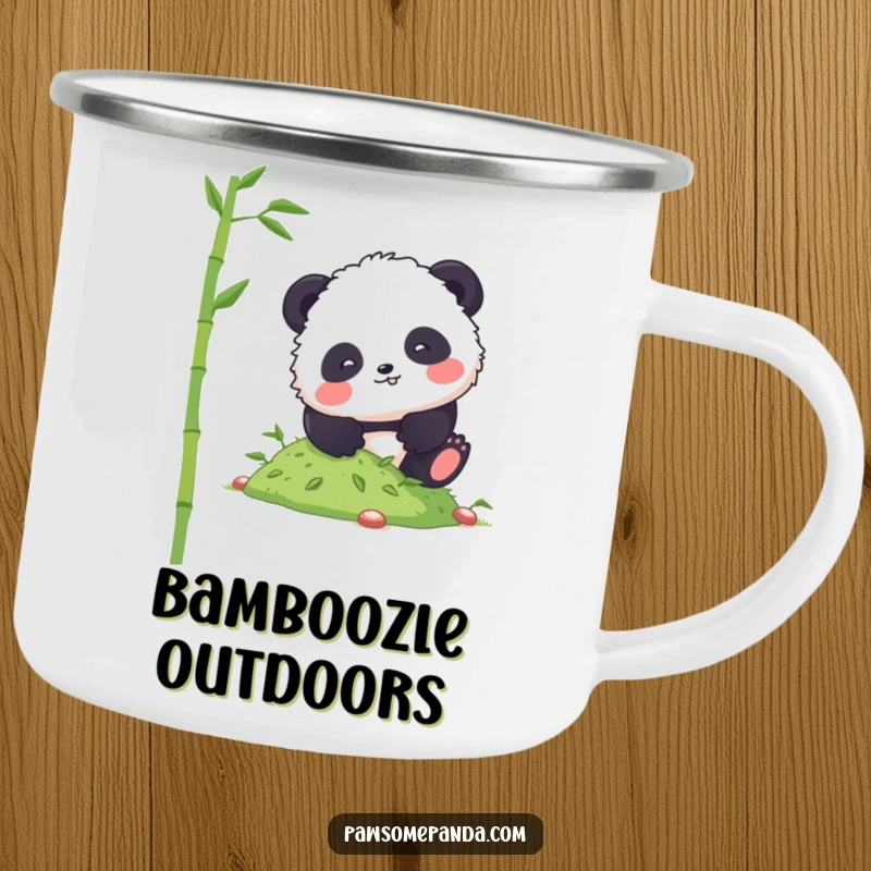 Funny panda camping mug showing a fluffy character comically tumbling down a hill of bamboo shoots, perfect for drinks outdoors.