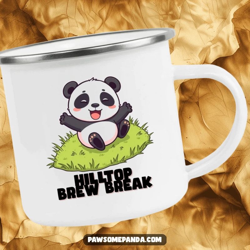 Funny camping mug depicting a panda character excitedly rolling down a grassy hill, perfect for outdoor adventures.