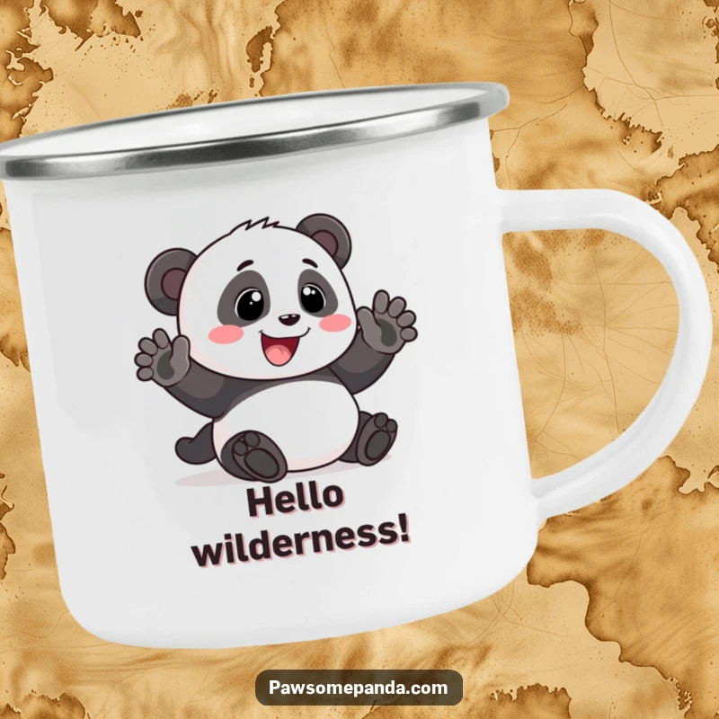 Funny Camping Mug: A cheerful panda waving with a big smile, bringing friendly greetings to outdoor adventures, a funny gift.