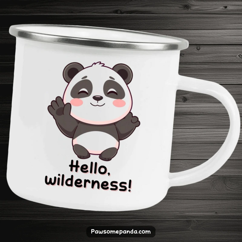 Funny camping mug illustration of a smiling panda character giving a happy wave, ideal for outdoor use and cheerful greetings.