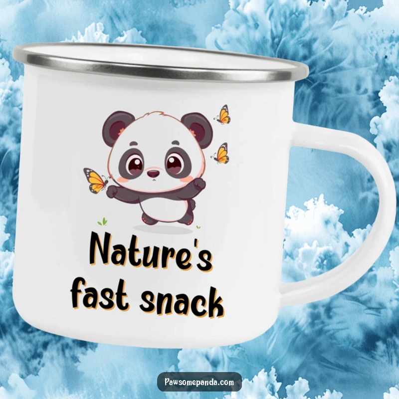 Funny kawaii panda cub with surprised eyes, chasing a butterfly, on a rugged camping mug, perfect for outdoor wonder.