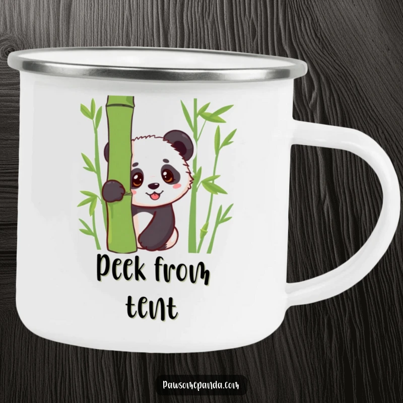 Funny camping mug with a kawaii panda cub peeking from behind bamboo, perfect for outdoor enjoyment with a touch of cuteness.