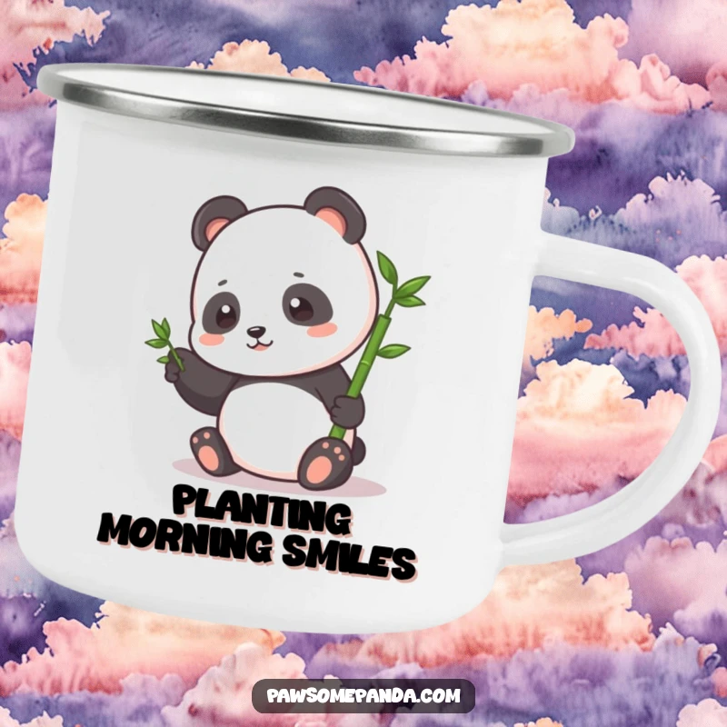 Funny Camping Mug: A small panda character happily pats a tiny bamboo sprout, perfect for enjoying nature's simple beauties.