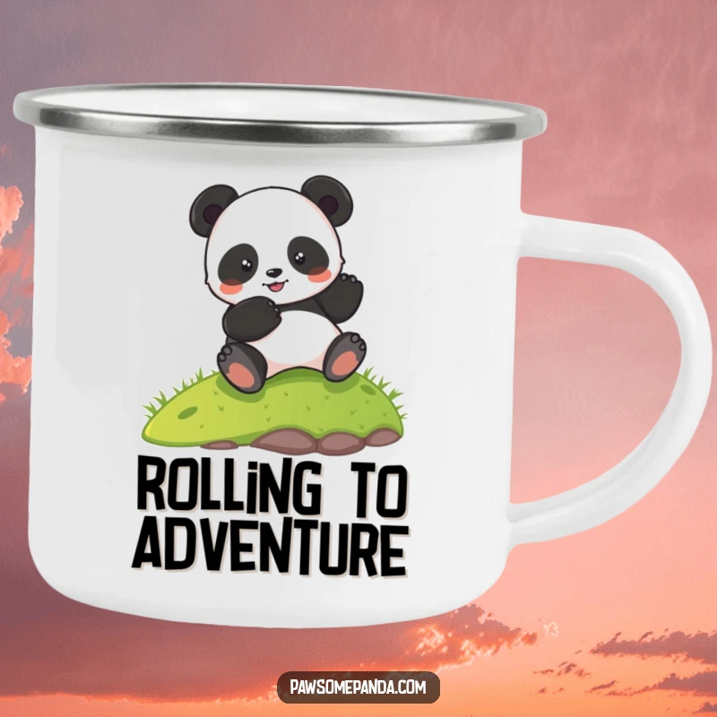 Funny camping mug illustrating a happy panda rolling down a grassy hill, perfect for enjoying beverages in the great outdoors.