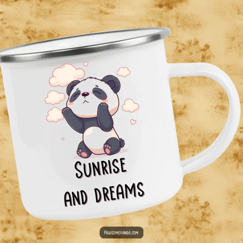 Funny camping mug featuring a dreamy panda character looking up at the clouds on an adventure.