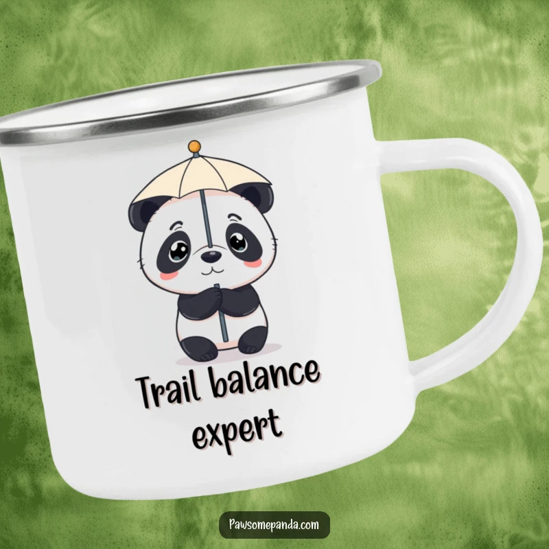 Funny camping mug featuring a determined panda balancing a small umbrella on its nose, ideal for outdoor adventures.