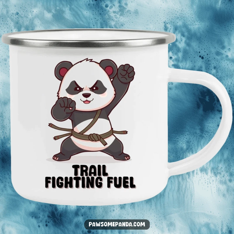 Funny camping mug featuring a panda in a martial arts pose, built for the outdoors and bringing a smile.