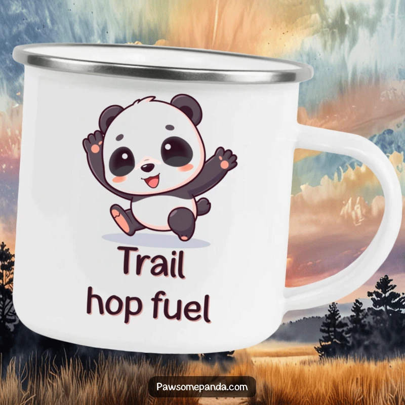 Funny camping mug featuring a cute panda character happily hopping, perfect for outdoor adventures and warm beverages.