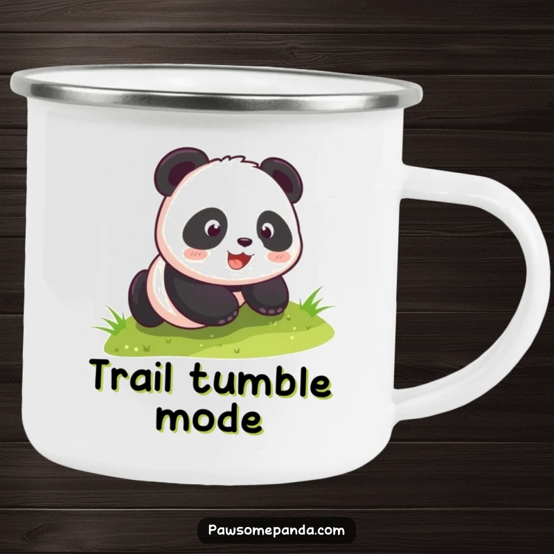 Funny kawaii panda cub enthusiastically rolling down a grassy hill, displayed on a rugged camping mug, ready for outdoor fun.