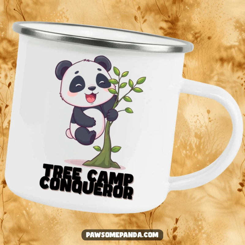 Funny panda enamel camping mug featuring a cheerful panda with stubby legs enthusiastically climbing a small tree, perfect for outdoor enthusiasts.