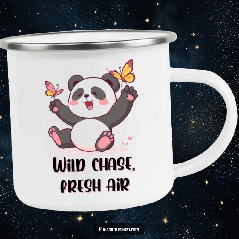 Funny panda camping mug featuring a playful panda character chasing a butterfly, perfect for outdoor use and bringing lively charm.