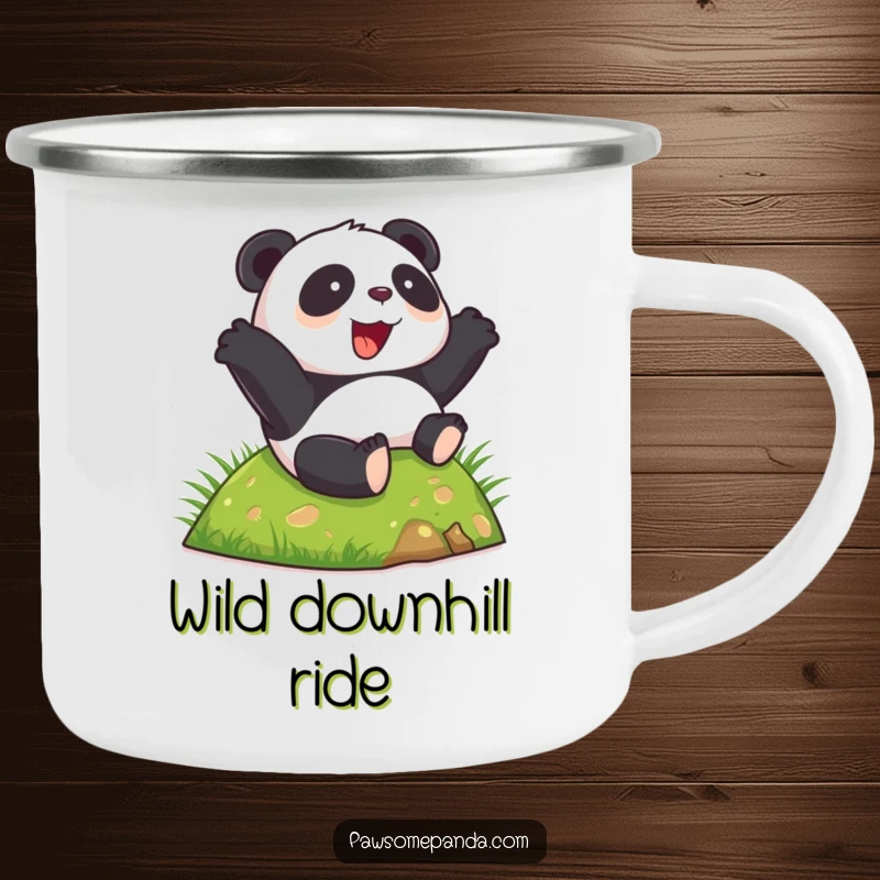 Funny happy panda camping mug, rolling down a grassy hill, joyful expression, durable for outdoor use, a funny gift.