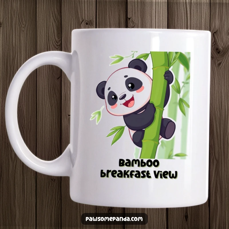 Funny mug showing a happy panda character with a wide grin, energetically climbing a tall bamboo stalk, embodying playful ambition.