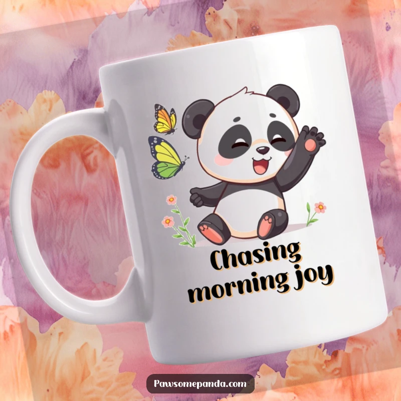 Funny Mug: A playful panda swatting at a butterfly, capturing a moment of lighthearted fun and humor, a perfect funny gift.