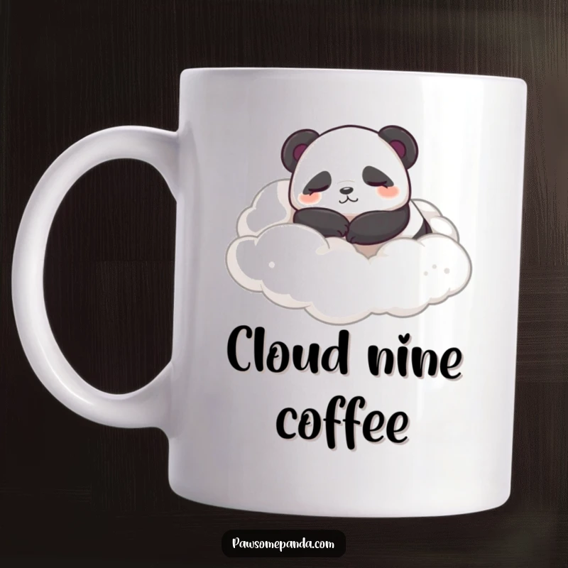 Funny mug with a sleepy panda character blissfully rolling contentedly in a patch of soft, fluffy clouds.