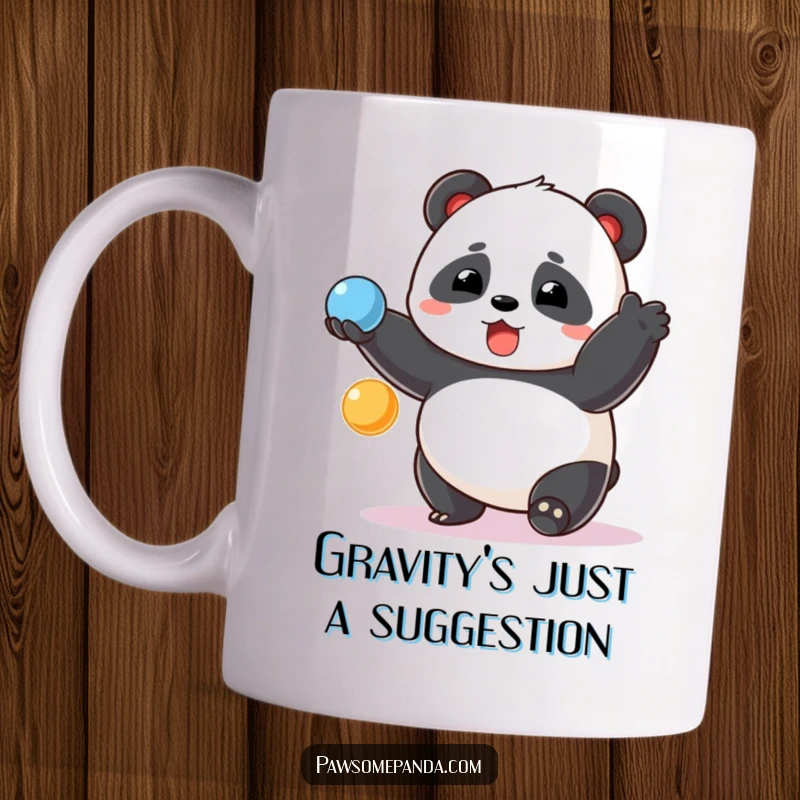 Funny chubby panda mug, surprised grin, juggling three colorful balls, a whimsical and hilarious gift for any occasion.