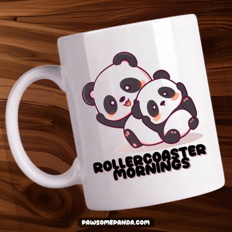 Funny mug showing two giddy panda characters hilariously tumbling together in a joyful heap.