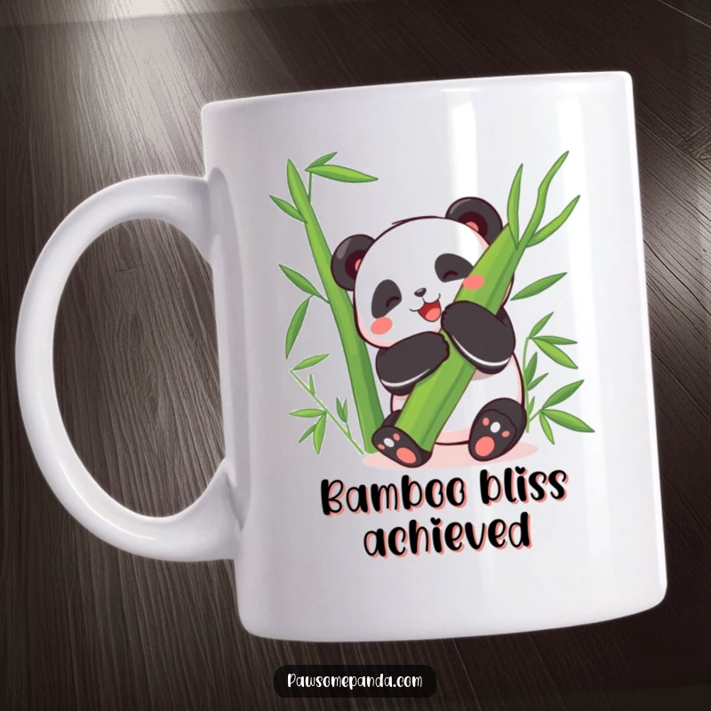 Funny Mug: A happy panda character joyfully hugs a giant bamboo leaf, exuding hilarious delight and contentment.