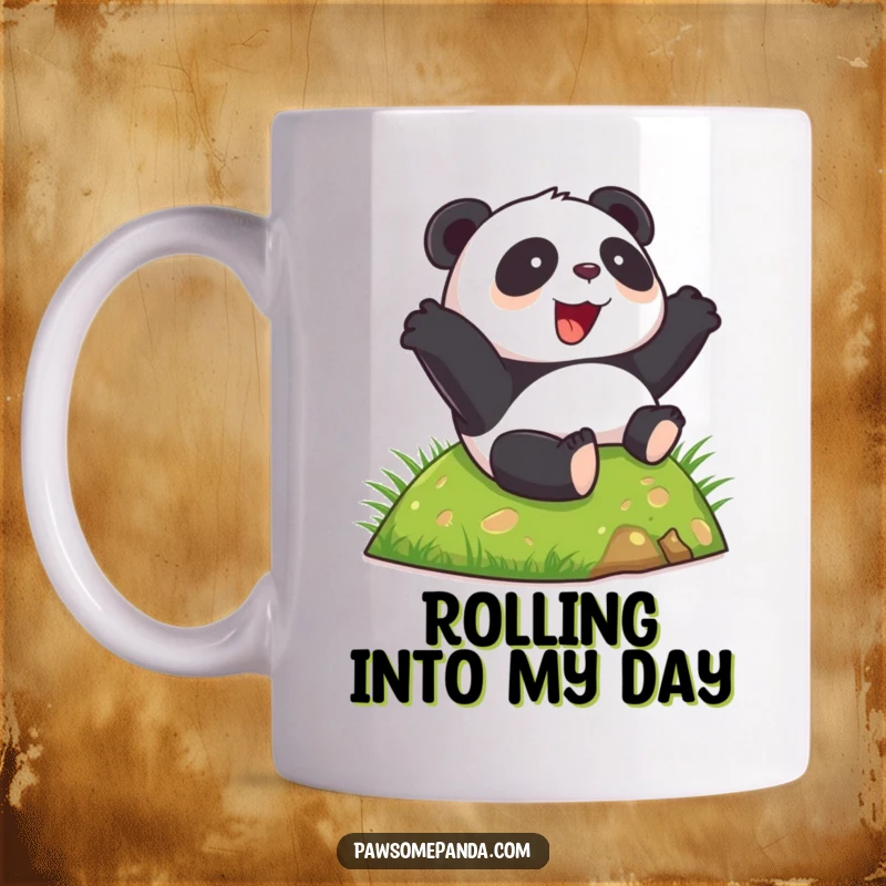Funny happy panda mug, enthusiastically rolling down a grassy hill, joyful and carefree expression, a fun gift.