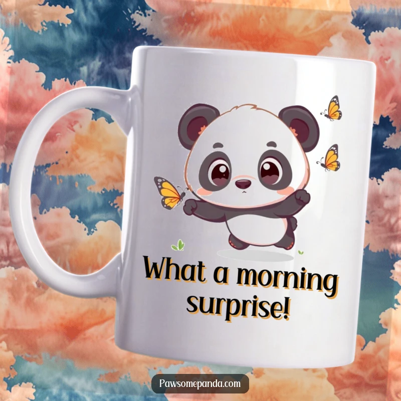 Funny kawaii panda cub with comically wide, surprised eyes, excitedly chasing a colorful butterfly on a mug.