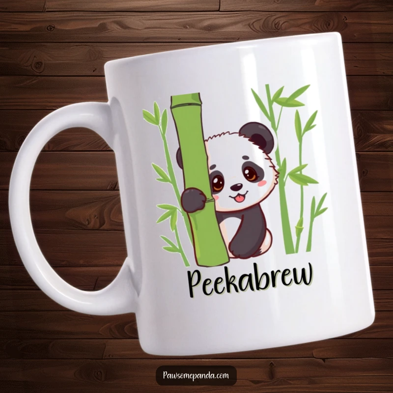 Funny mug showcasing a kawaii panda cub with wide, curious eyes peeking from behind a green bamboo shoot, full of innocence.