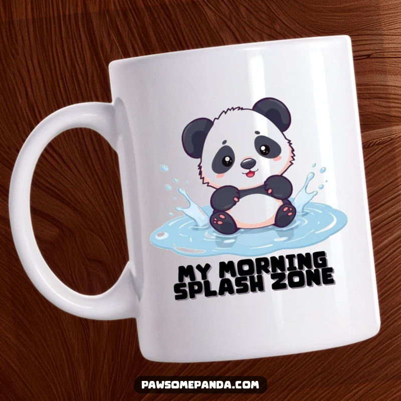 Funny kawaii panda cub gleefully splashing water in a small puddle, captured on a mug, radiating pure fun.