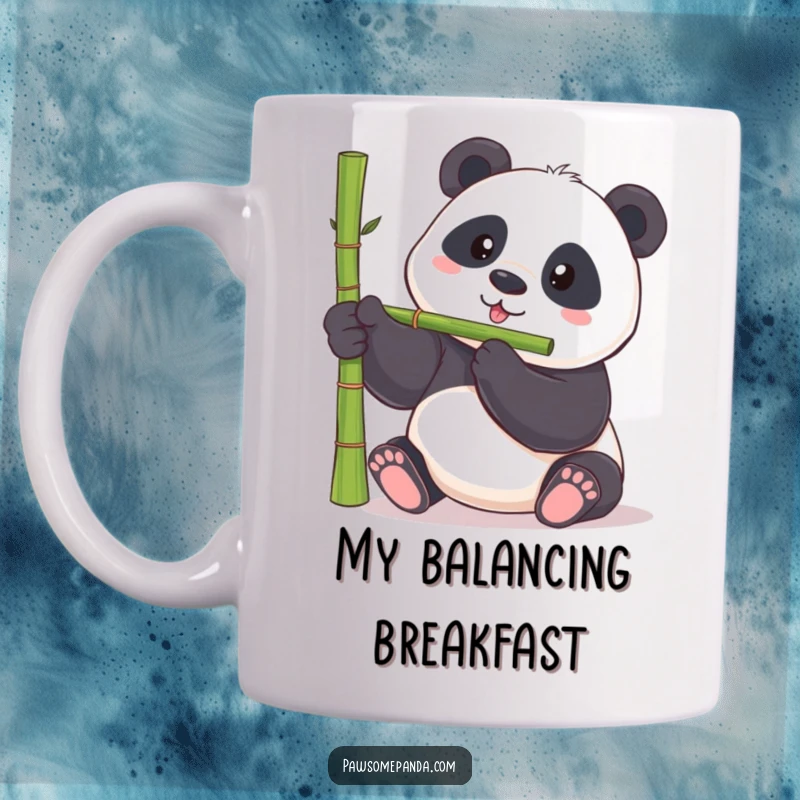 Funny panda mug featuring a chubby panda bear hilariously attempting to balance a bamboo shoot on its nose, a comical sight.
