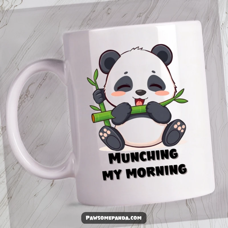 Funny mug depicting a content panda happily munching bamboo with closed eyes, radiating peace and satisfaction.