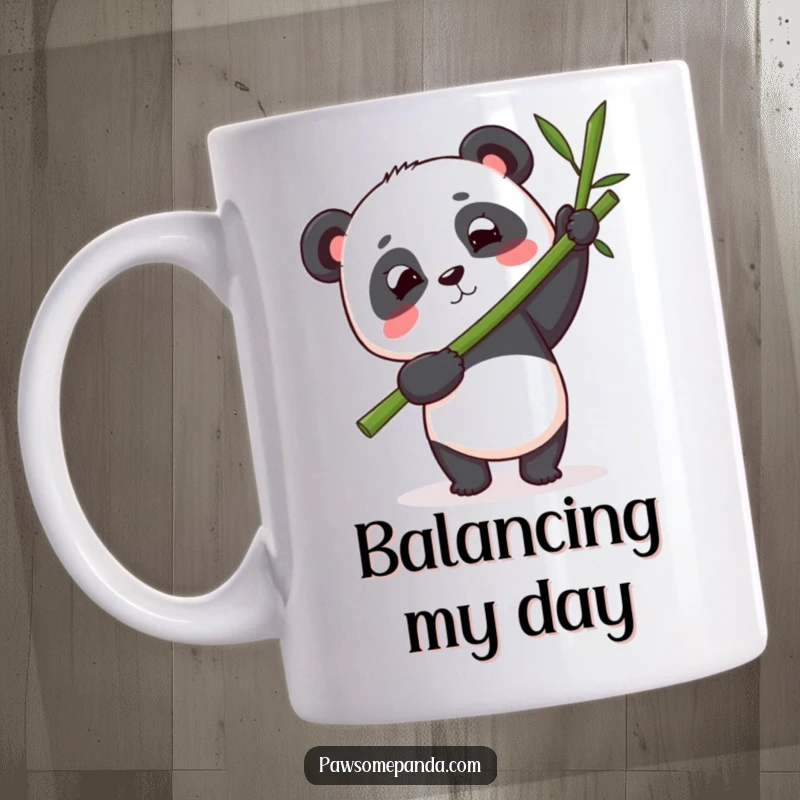 Funny panda mug showing a determined panda character balancing a large bamboo stalk with intense focus and unwavering effort.