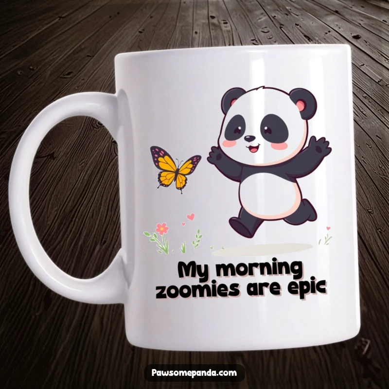 Funny Mug: Energetic panda character joyfully hops while chasing a butterfly, embodying playful freedom and cheerful spirit.
