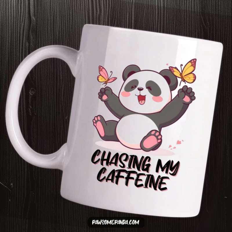 Funny panda mug featuring a playful panda character chasing a butterfly, capturing a moment of lighthearted fun and energy.