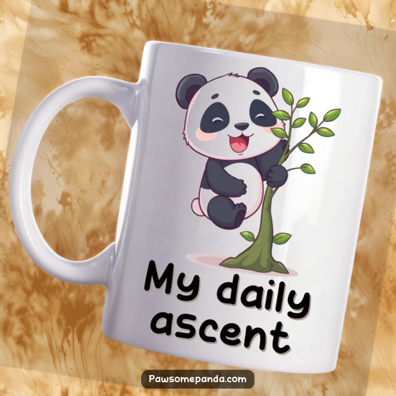 Funny panda mug featuring a cheerful panda with stubby legs enthusiastically climbing a tiny tree, showcasing its adorable and determined efforts.