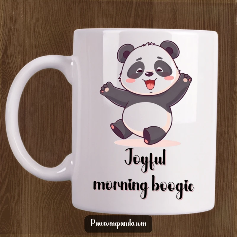 Funny mug with a panda character joyfully doing a clumsy dance with its arms thrown up in celebration.