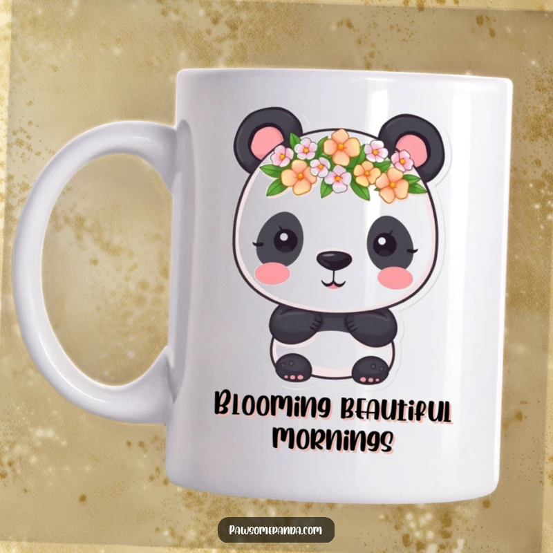 Funny Mug: A cute panda wearing a tiny flower crown, exuding charm and gentle humor, a perfect funny gift.