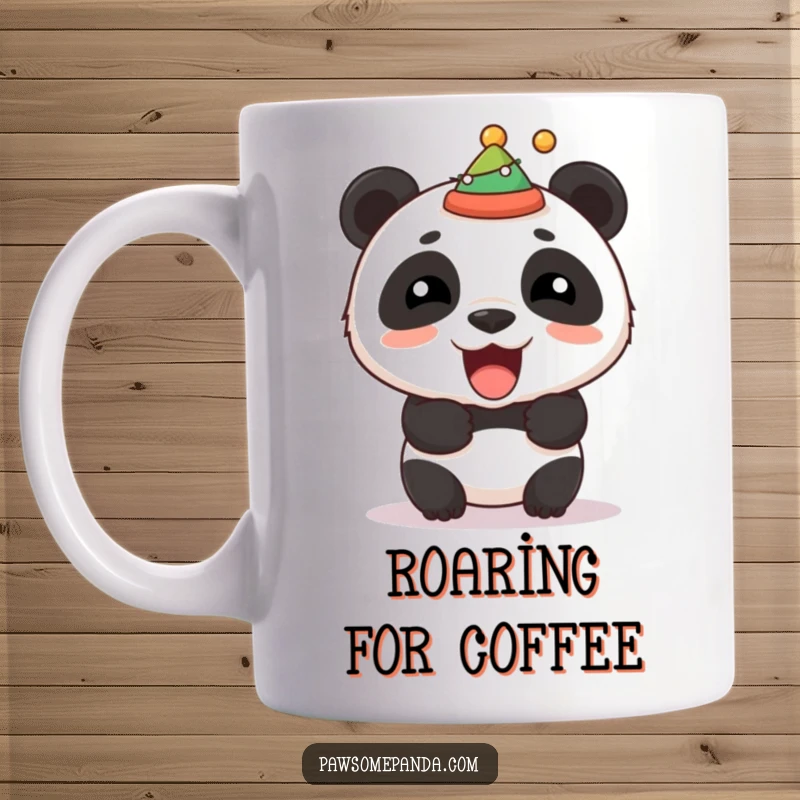Funny mug featuring a stocky panda doing a playful roar, wearing a tiny festive hat askew, celebrating fun.