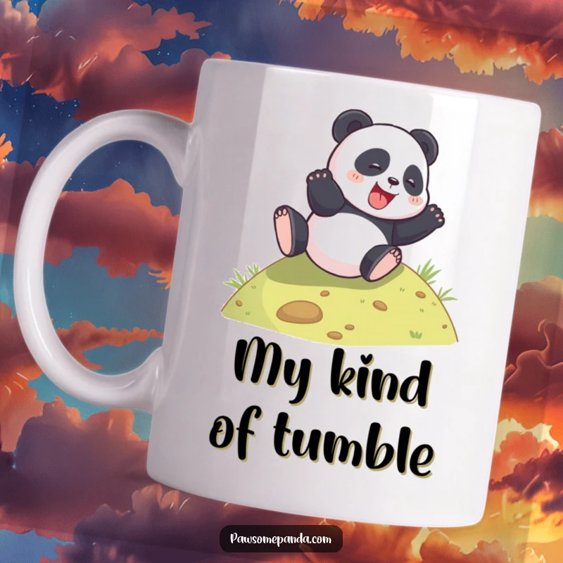 Funny panda character joyfully rolling down a grassy hill, conveying happiness on a mug.