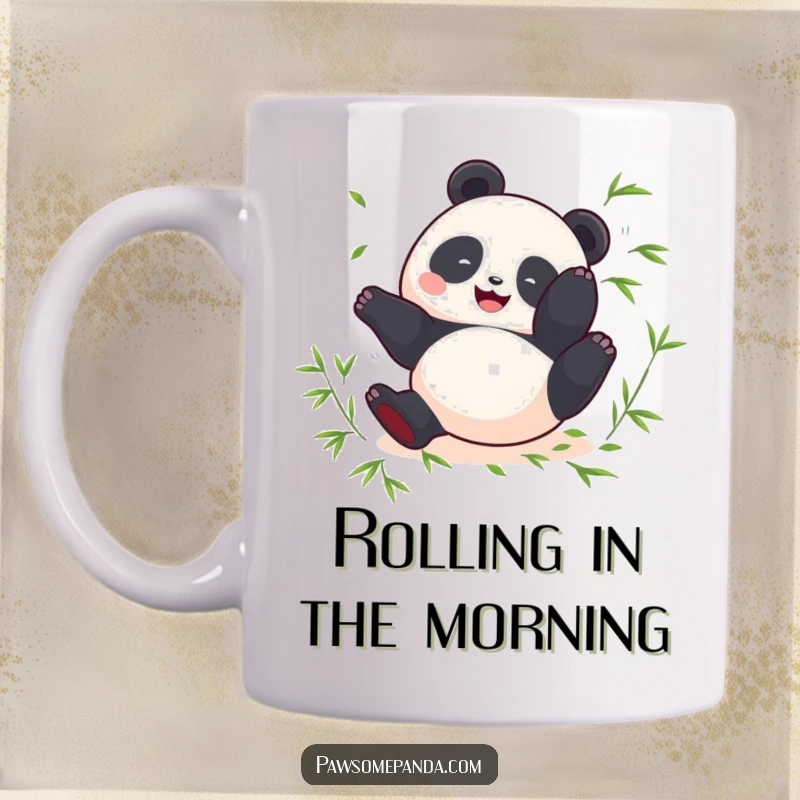 Funny mug featuring a round panda character joyfully performing a somersault amidst scattered bamboo leaves.