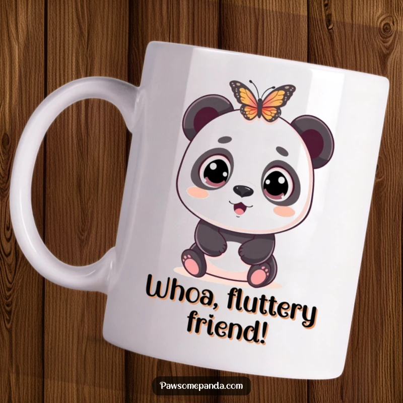 Funny mug featuring a wide-eyed panda character comically surprised by a delicate butterfly fluttering nearby, conveying pure astonishment.