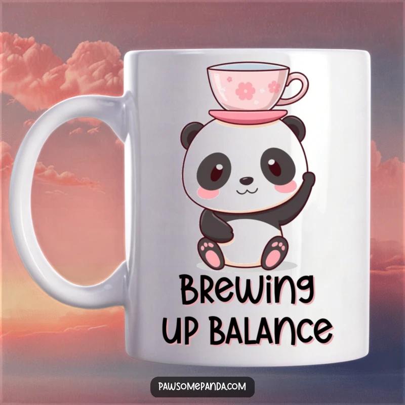 Funny mug featuring a panda character elegantly balancing a teacup on its head with a serene expression.