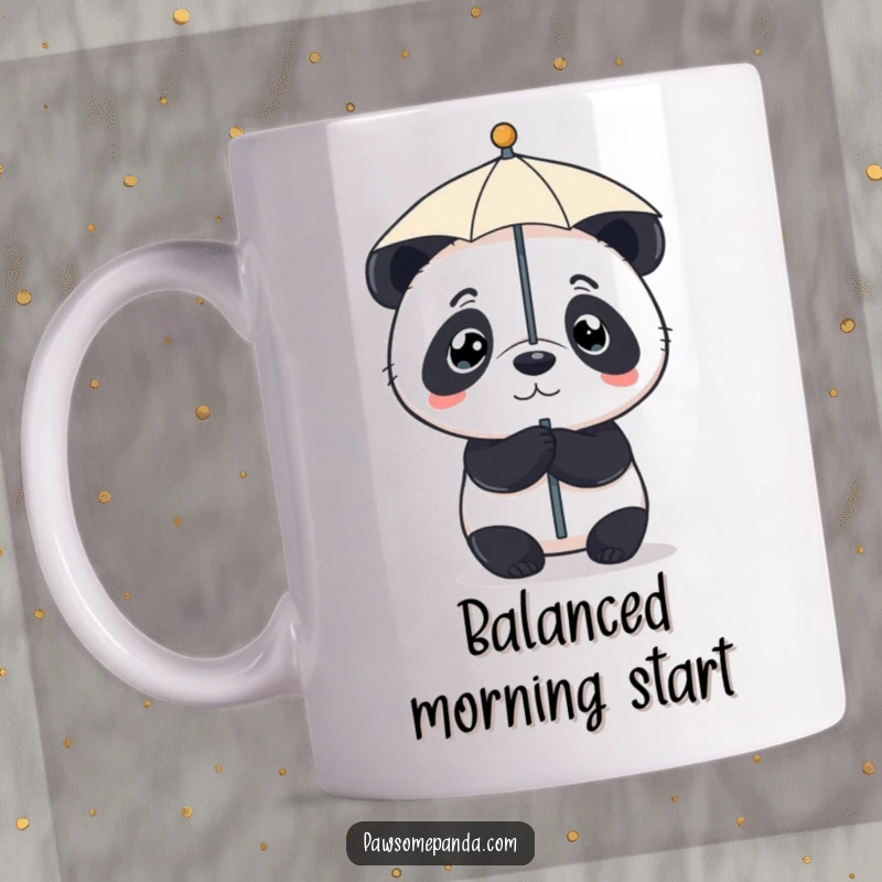Funny mug showing a cute panda with a focused expression, skillfully balancing a tiny umbrella perfectly on its nose.