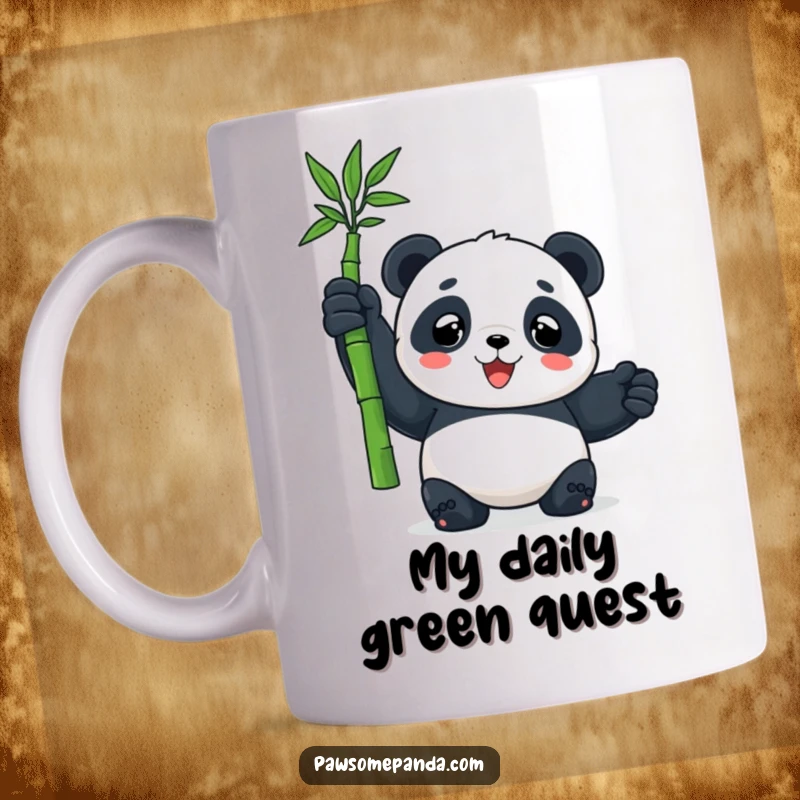Funny mug featuring a joyful panda character proudly displaying a single, perfect bamboo shoot, embodying triumphant success and happiness.