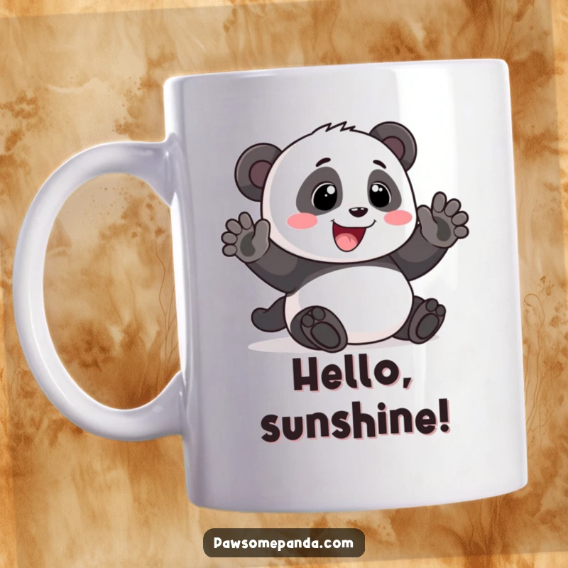Funny Mug: A cheerful panda waving with a big, friendly smile, radiating happiness and humor, a perfect funny gift.