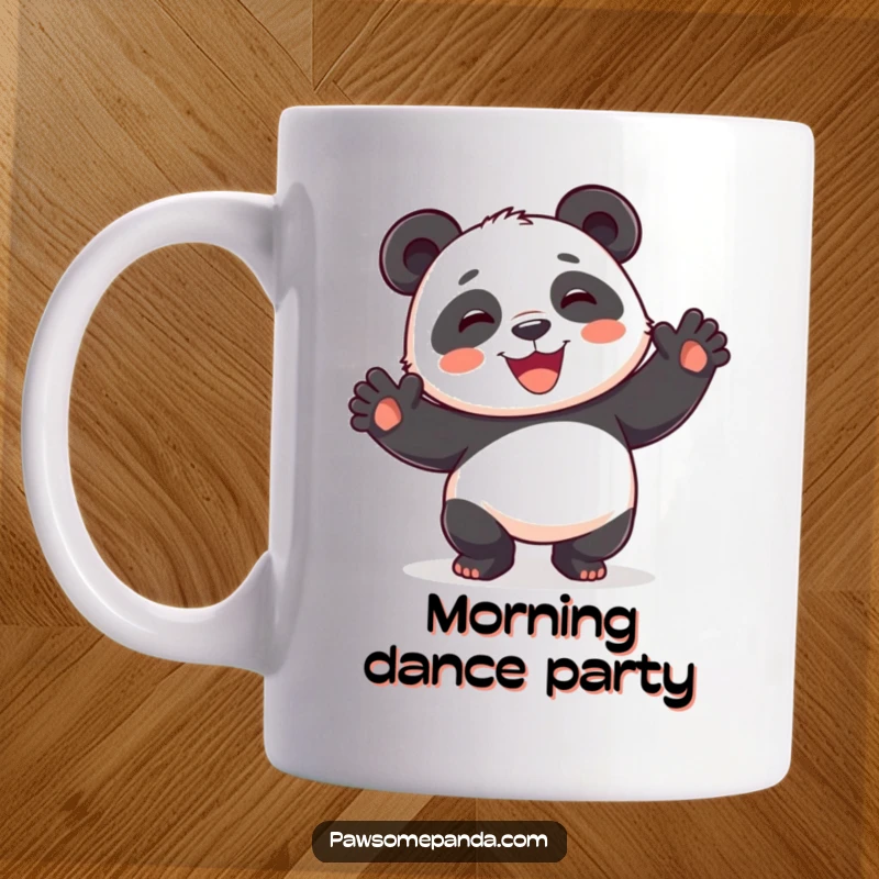 Funny playful panda mug, doing a silly dance, paws in the air, wide happy smile, a comical and joyful design.