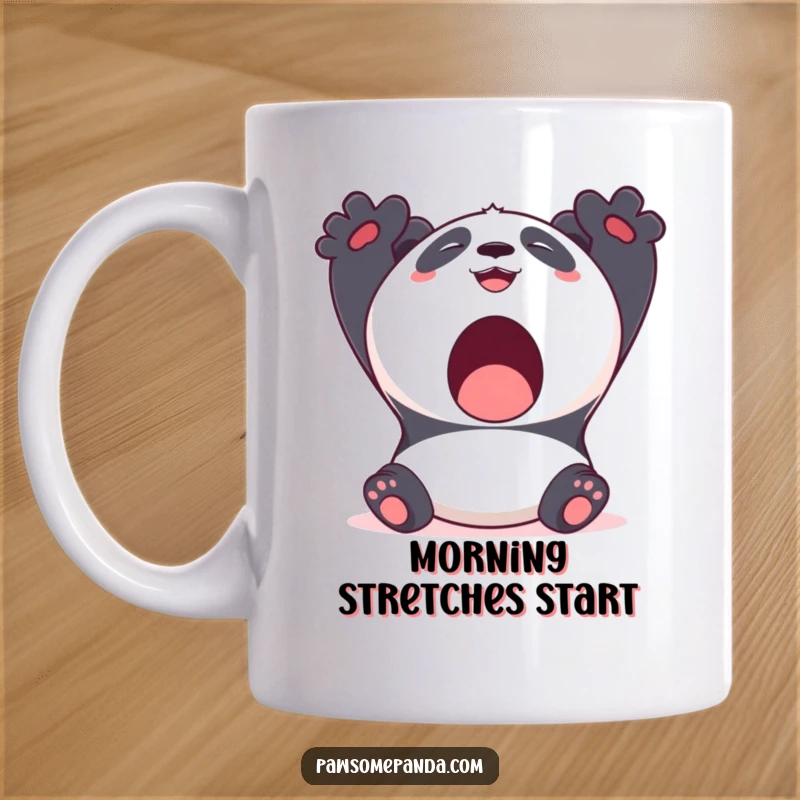 Funny Kawaii Panda Mug featuring a cute panda bear stretching with a big yawn and a smile, embodying relaxation.