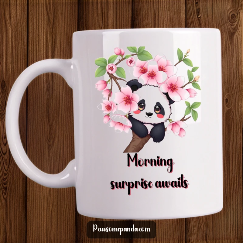 Funny curious panda peeking from giant cherry blossom, adorable and whimsical mug design, a delightful gift for animal lovers.