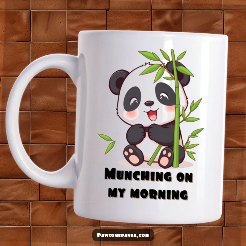 Funny mug showcasing a cheerful panda character happily eating fresh bamboo stalks with delight and satisfaction.