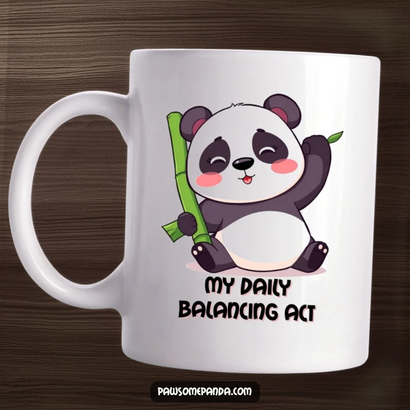 Funny kawaii panda bear comically struggling to balance a giant bamboo stalk, showcasing effort and humor on a mug.